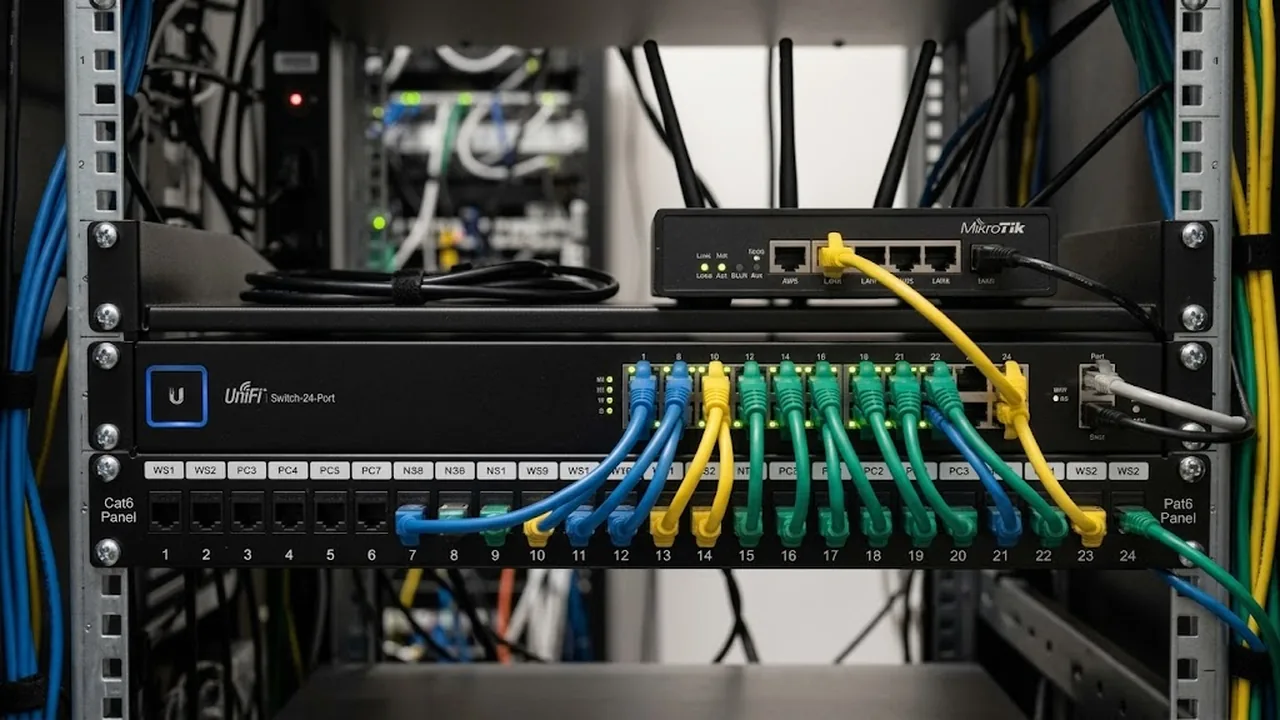 Rack con hardware de telefonía IP y cableado de red.